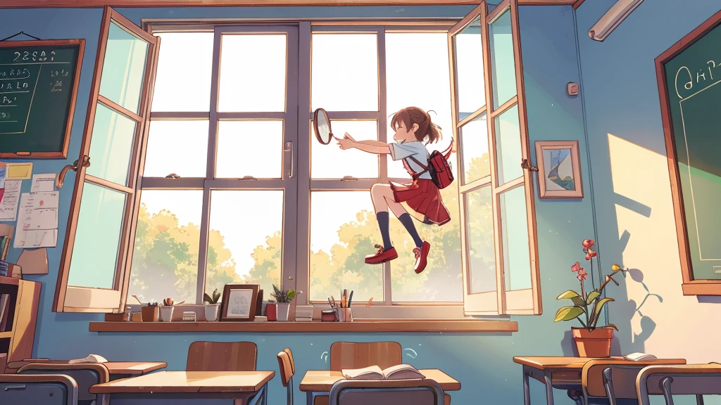 zoomed in, cg, detailed art, window, girl half stuck out of window, school girl stuck half way through climbing out of a window, plain red skirt, stockings, stylish shoes, action scene, implied motion