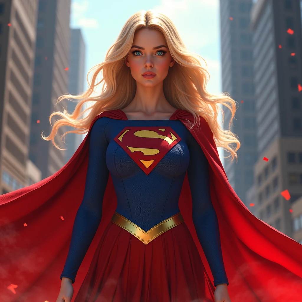Supergirl, masterpiece realistic, beautiful face, eyes blue,  bodysuit hero, cape red long, skirt red, cape long, blonde hair, skin pores,  detailed, detailed face, (vibrant, photorealistic, realistic, dramatic, dark, sharp focus, 8k), (highly detailed:1.4), sharp focus,buildings, particles floating, dim light, trim light, two-tone lighting,