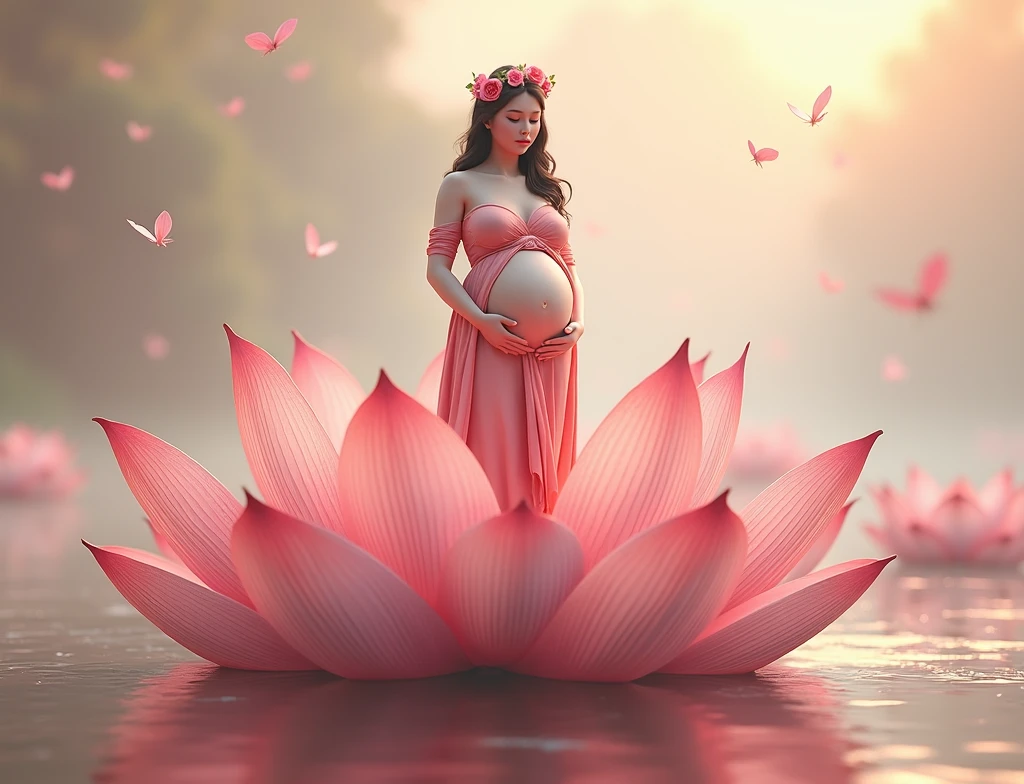 pregnant woman in pink dress standing on a pink flower in water, digital art by Matt Stewart, cgsociety contest winner, digital art, standing gracefully upon a lotus, standing on a lotus, pink lotus queen, sitting on a lotus flower, lotus, lotus petals, maternal photography 4 k, lotus floral crown girl, with lotus flowers, lotus flower, lotus flowers