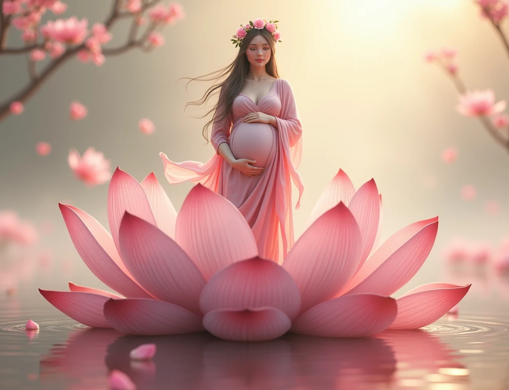 pregnant woman in pink dress standing on a pink flower in water, digital art by Matt Stewart, cgsociety contest winner, digital art, standing gracefully upon a lotus, standing on a lotus, pink lotus queen, sitting on a lotus flower, lotus, lotus petals, maternal photography 4 k, lotus floral crown girl, with lotus flowers, lotus flower, lotus flowers