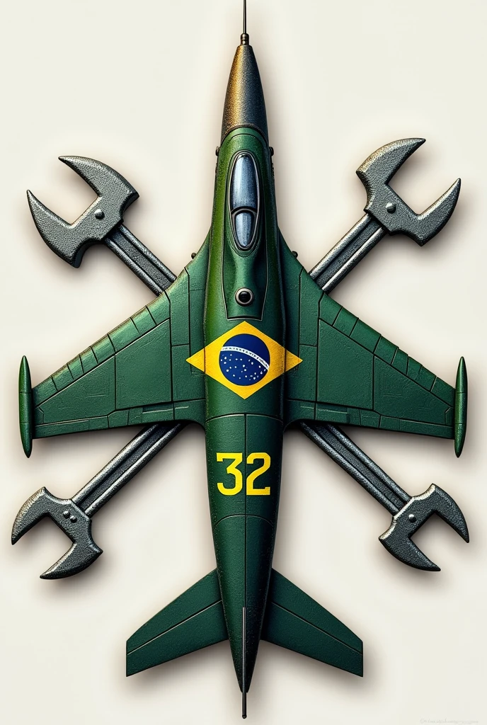 Warplane patch with crossed tools coming out the back , displaying the Brazilian flag and the number 32 next to it