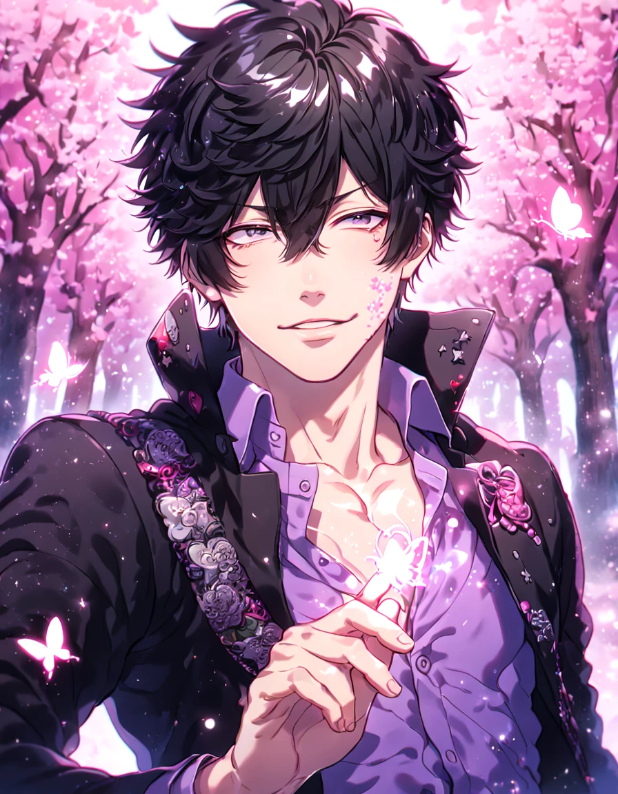 absurdres, highres, ultra detailed, HDR, master piece, best quality, extremely detailed, detailed face, detailed eyes, Hibari Kyoya, black hair, expressive gray eyes, Katekyo Hitman Reborn!, solo, sexy man, manly man, adult face, mature man, handsome, black jacket, purple shirt, unbuttoned shirt, under a pink tree, fantasy, magical, glittering fireflies, pink butterflies, pink flames, magic, pink leaves