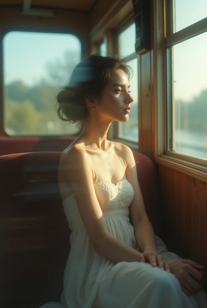 editorial photography,super detailed background,Super realistic,double exposure,depth of field,beauty cute super slender skinny vides,soft_focus tone,narrative scene,A woman on a train, a perspective from outside the train,