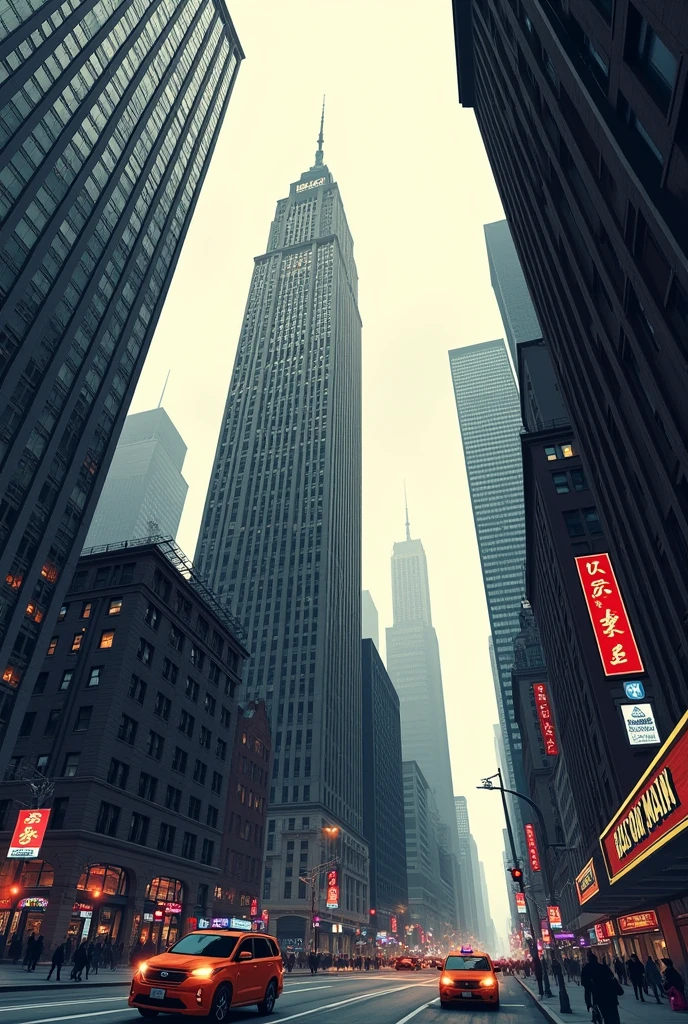 New York skyscrapers in a low angle view in a comic book style with rather gray colors