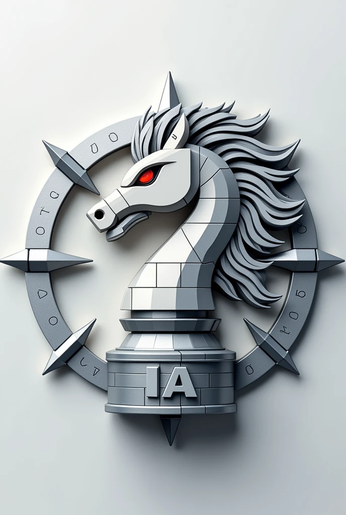logo 2D pour une entreprise d'IA, conçu entièrement avec des pièces LEGO. Le logo doit comporter une rose des vents argentée sans aucune numérotation, construite à partir de briques LEGO. Au centre, placez une pièce d'échecs blanche en forme de cavalier, également en LEGO, regardant vers la droite de profil. Le chevalier doit avoir une apparence élégante et agressive, avec une crinière flottante mêlant des briques LEGO blanches et argentées. Ses yeux doivent être faits de pièces LEGO rouges brillantes. Sur la base du chevalier, gravez les lettres « IA » à l'aide de briques LEGO argentées. La conception globale doit inspirer la confiance et transmettre le luxe et la puissance, tout en restant simple, comme un dessin, mais détaillée et entièrement réalisée en LEGO