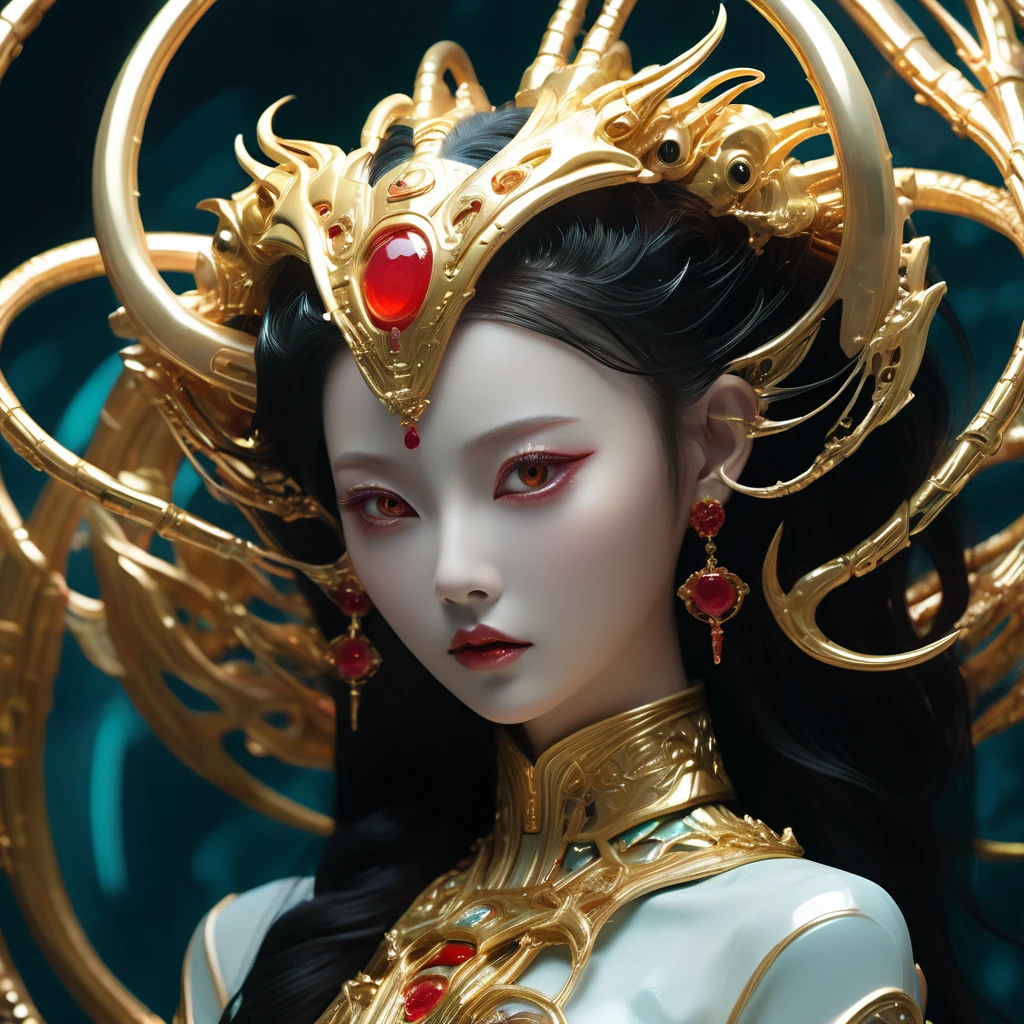 A fashion runway for alien technology , Exquisite face,vogue photography , Inspired by Chinese Xianxia and cyberpunk。(Best quality,4K,8k,A high resolution,Masterpiece:1.2), (Realistic,Photorealistic,photo-realistic:1.37).Gold inlaid jade style,Shiny,Exquisite,Hell Girl,Riding the Ruby Monster