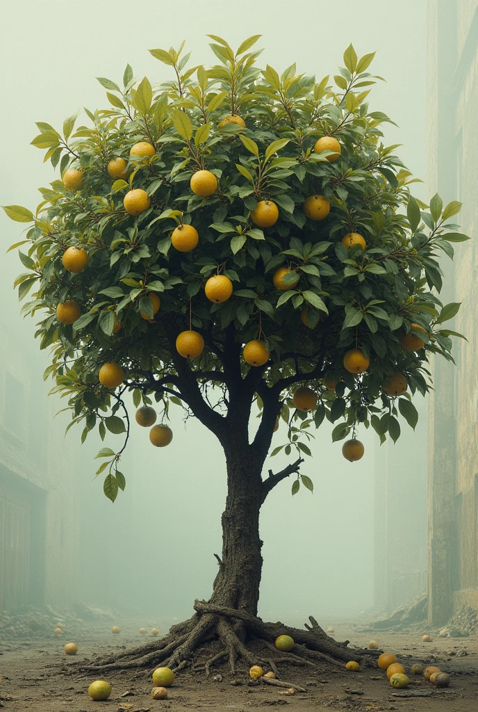 Weak citrus tree losing leaves and fruit
