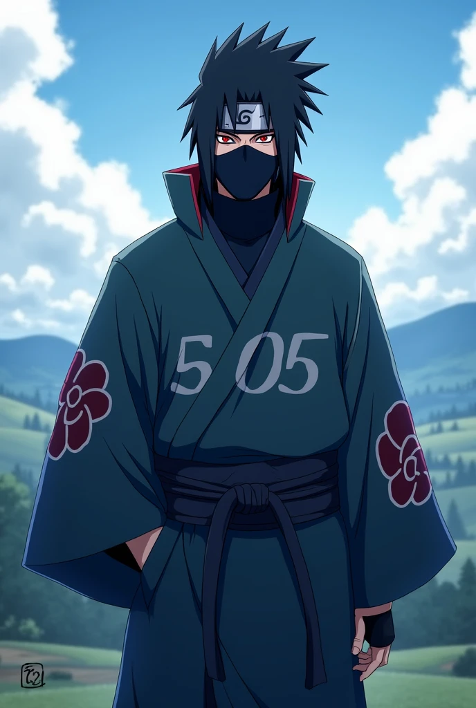 Kakashi with the Sharingan in a blue and white samurai kimono that bears the numbers 505