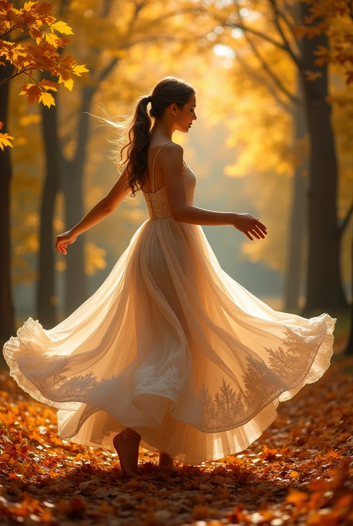 Photoshot of a beautiful woman wearing a dress and a long cloth. Dancing under the autumn trees 