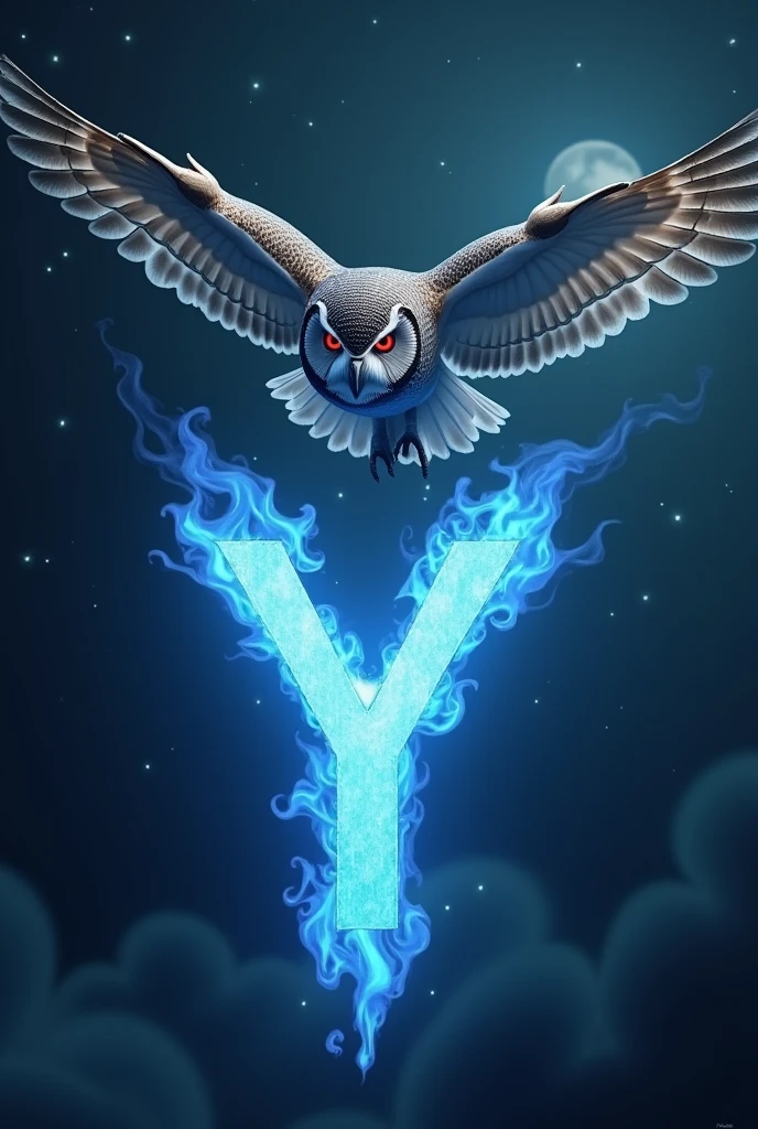 A red-eyed owl, flying over the blue fire letter Y