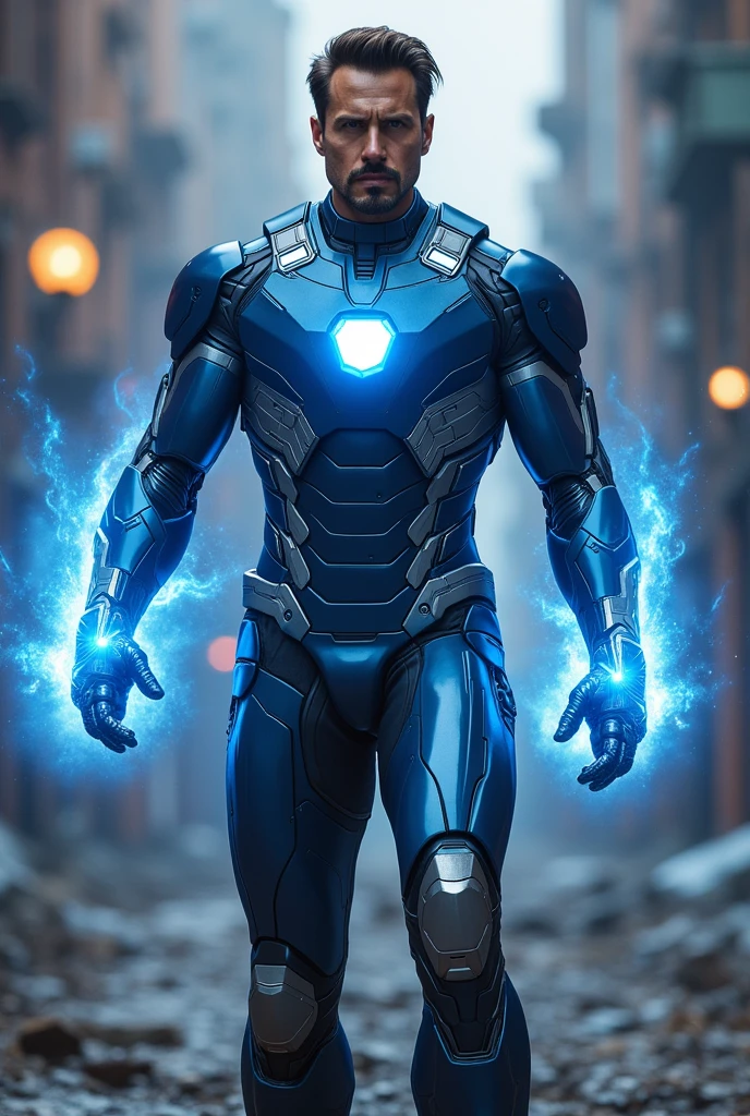 Nuclear Fusion Suit: A suit powered by a miniaturized nuclear fusion reactor, capable of generating almost unlimited energy. This suit would be much more powerful than the previous ones., with expanded flight and weaponry capabilities. The suit's design would have an intense blue glow due to fusion energy., and would include a protective force field that absorbs impacts and attacks, making Tony Stark nearly indestructible. Homem de ferro