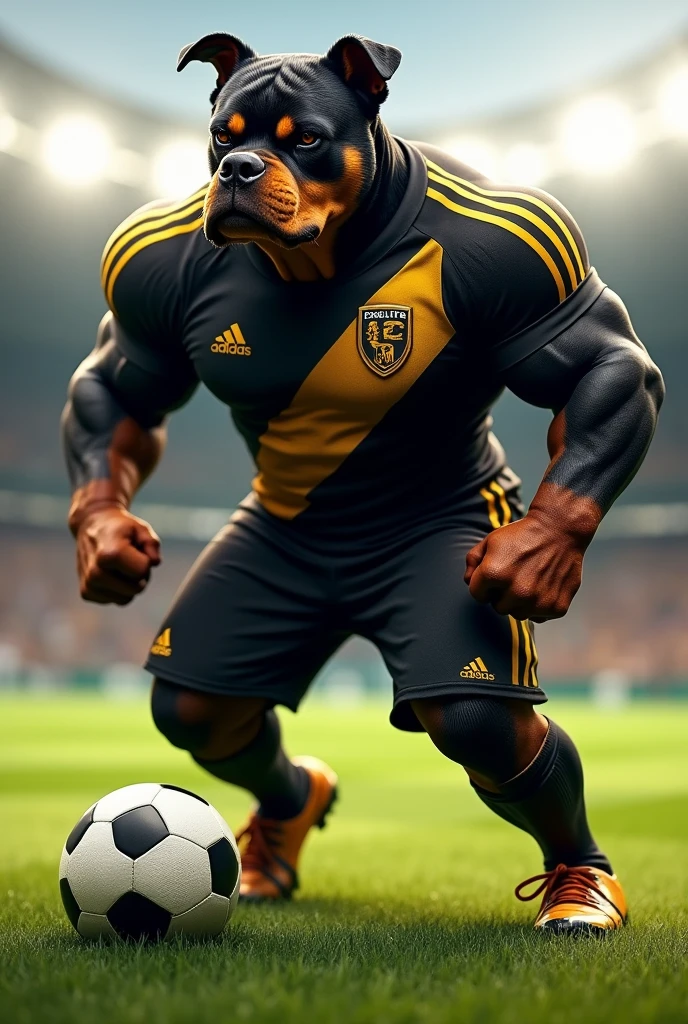 A muscular Rottweiler with soccer cleats as a mascot for a soccer team in a black and gold uniform with a ball at its feet