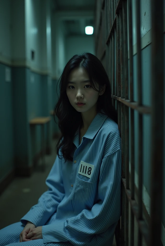 {
"prompt": "A scene featuring a beautiful Korean women wearing a long blue prisoner uniform with a number on her clothes. She does wear shoes. She is in a dimly lit solitary confinement surrounded by metal bars. The girl is wearing a striped prison uniform. The setting is a typical prison solitary confinement with a small bed, Iron-barred windows, Worn floor. The overall atmosphere is heavy、Thoughtful, The soft lighting accentuates her emotions.."
}