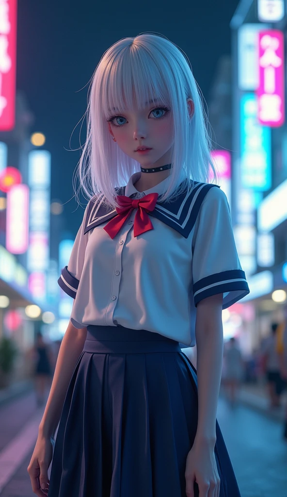 1girl,(8k, RAW photo, best quality, masterpiece:1.3),(realistic,photo-realistic:1.37),(night),(looking at viewer:1.331),(white hair),posing,Tokyo street,nightcityscape, , cyberpunk city,soft light,1girl,extremely beautiful face,bust,put down hands,Random hairstyle,Random expression,big eyes, ,lower abdomen,(short-sleeved,JK_shirt),JK_style,(dark blue JK_skirt) ,(bow JK_tie),,mix4, an extremely delicate and beautiful girl, depth of field, blurry background, blurry foreground,, delicate, beautiful, beautiful face, beautiful eyes, beautiful girl, delicate face, delicate girl,, 8k wallpaper,(best quality:1.12),(detailed:1.12),(intricate:1.12),(ultra-detailed:1.12),(highres:1.12), hyper detailed,ultra-detailed, high resolution illustration, colorful, 8k wallpaper, highres, Cinematic light, ray tracing, (8k, RAW photo, best quality, masterpiece, ultra highres, ultra detailed:1.2), (realistic, photo-realistic:)