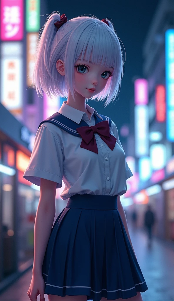 1girl,(8k, RAW photo, best quality, masterpiece:1.3),(realistic,photo-realistic:1.37),(night),(looking at viewer:1.331),(white hair),posing,Tokyo street,nightcityscape, , cyberpunk city,soft light,1girl,extremely beautiful face,bust,put down hands,Random hairstyle,Random expression,big eyes, ,lower abdomen,(short-sleeved,JK_shirt),JK_style,(dark blue JK_skirt) ,(bow JK_tie),,mix4, an extremely delicate and beautiful girl, depth of field, blurry background, blurry foreground,, delicate, beautiful, beautiful face, beautiful eyes, beautiful girl, delicate face, delicate girl,, 8k wallpaper,(best quality:1.12),(detailed:1.12),(intricate:1.12),(ultra-detailed:1.12),(highres:1.12), hyper detailed,ultra-detailed, high resolution illustration, colorful, 8k wallpaper, highres, Cinematic light, ray tracing, (8k, RAW photo, best quality, masterpiece, ultra highres, ultra detailed:1.2), (realistic, photo-realistic:)