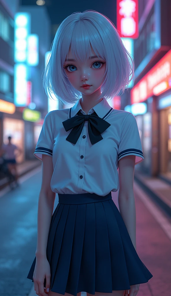 1girl,(8k, RAW photo, best quality, masterpiece:1.3),(realistic,photo-realistic:1.37),(night),(looking at viewer:1.331),(white hair),posing,Tokyo street,nightcityscape, , cyberpunk city,soft light,1girl,extremely beautiful face,bust,put down hands,Random hairstyle,Random expression,big eyes, ,lower abdomen,(short-sleeved,JK_shirt),JK_style,(dark blue JK_skirt) ,(bow JK_tie),,mix4, an extremely delicate and beautiful girl, depth of field, blurry background, blurry foreground,, delicate, beautiful, beautiful face, beautiful eyes, beautiful girl, delicate face, delicate girl,, 8k wallpaper,(best quality:1.12),(detailed:1.12),(intricate:1.12),(ultra-detailed:1.12),(highres:1.12), hyper detailed,ultra-detailed, high resolution illustration, colorful, 8k wallpaper, highres, Cinematic light, ray tracing, (8k, RAW photo, best quality, masterpiece, ultra highres, ultra detailed:1.2), (realistic, photo-realistic:)