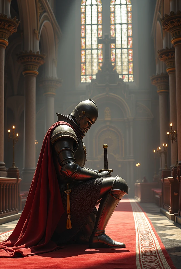 A kneeling Templar Knight leaning on his sword inside an ancient basilica