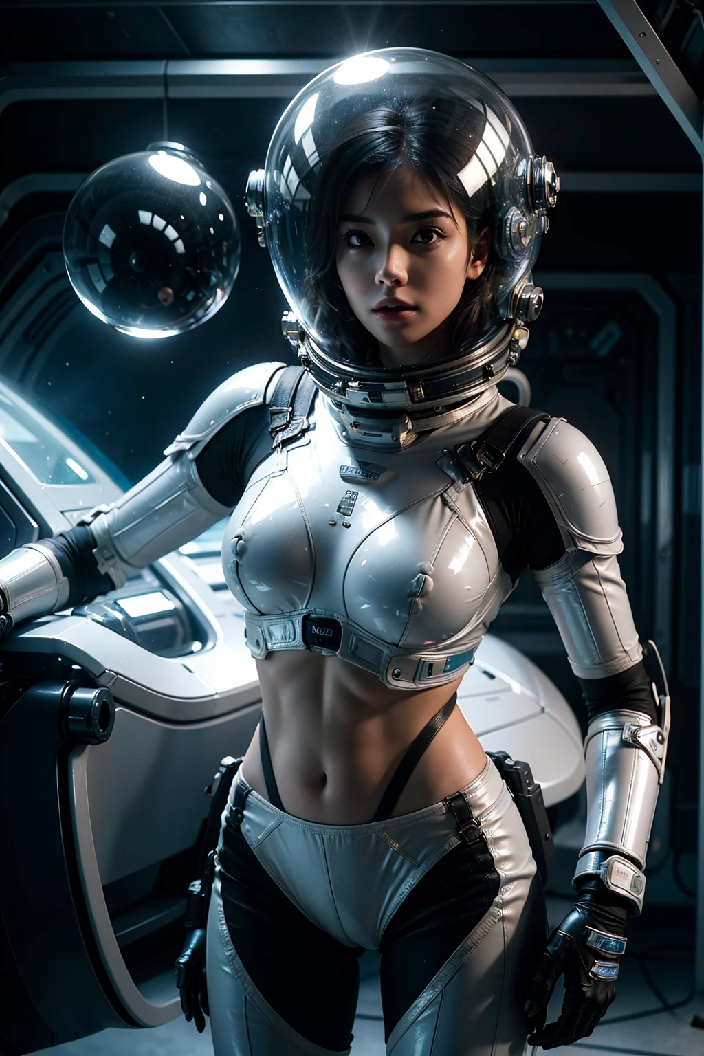 girl in spacesuit, Fully exposed diaphragm, bare waist,cowboy shot, In space, A desolate alien cold planet, frosted,Transparent space helmet,Transparent full face helmet ,((Bikini top)),((Metal Bikini Armor)), Sexy exposed midriff, Full metal armor, Bare midriff and waist, abdominal opening, Fully exposed abdomen, cowboy shot, realistic, photorealistic, high quality, 8k, very detailed, masterpiece, dynamic pose, dramatic lighting, cinematic, science fiction, futuristic, vivid colors