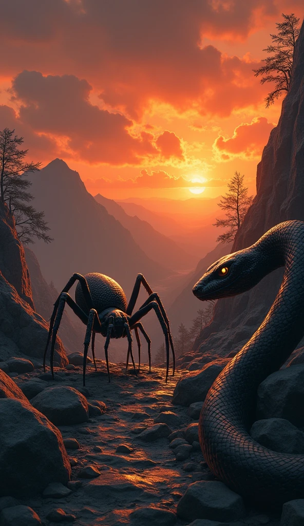 This is a digital image of a spider walking on rocky ground.   And the snake is facing the right side of the picture. And its eyes are yellow.   The background is a dark orange sky from sunset.   The land is covered with rocks and boulders and there are some trees and mountains in the distance.   The general feeling of the image is fierce and powerful.