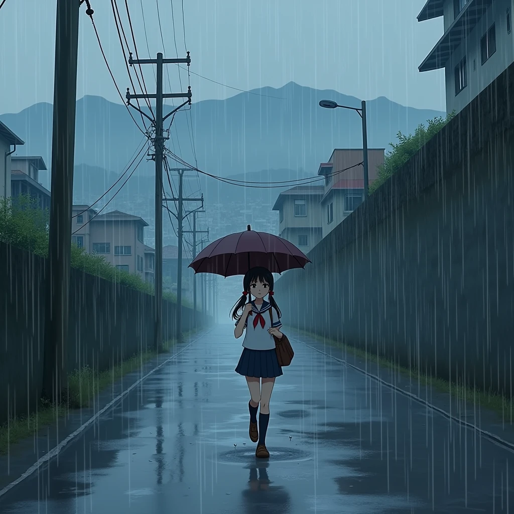 Anime Style, A girl walking down a hill, Walking along the side of the road, Holding an umbrella, Surprised expression, Be confused, Wet with rain, 
Steep Slope, Slope 20 degrees, steep hill, very sloped road, very sloping ground,
The girl is wearing a white sailor suit with short sleeves and a navy collar, with a blue ribbon., Wearing a navy blue skirt, 
Wearing black high socks, Wearing loafers.
Her hair style is low twin tails, with red ribbons, very long length and black.
Not high twin tails.
Not two-side up.
Open red umbrella, Dark brown school bag,
Late teens, Small breasts, Has dark brown eyes.
傘に雨waterが叩き付けられる,
water, water滴,
waterたまり, Sidewalk, pavement, Japan roads, Hilly Town, building, Apartment, Electric pole, electric wire, Street lamp, City view, Mountain, null,
Very heavy rain, Thick Fog, Outdoor, evening, from front.