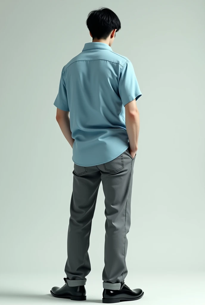 Make me a picture of a pale-skinned man, that is, white, with jet-black hair, a polo shirt, almost a light blue shirt, A slightly loose gray jean and black dress shoes that can be seen from behind and with his hands in his pockets 
