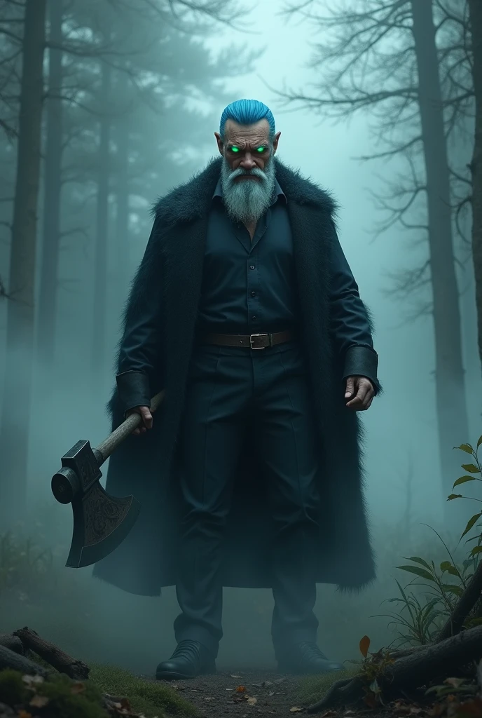 A handsome grandfather with blue hair and beard,with elegant black pants and shirt,bright green eyes,that is in a foggy forest,that has an axe,angry and scary looking and beardless and with a fancy bang