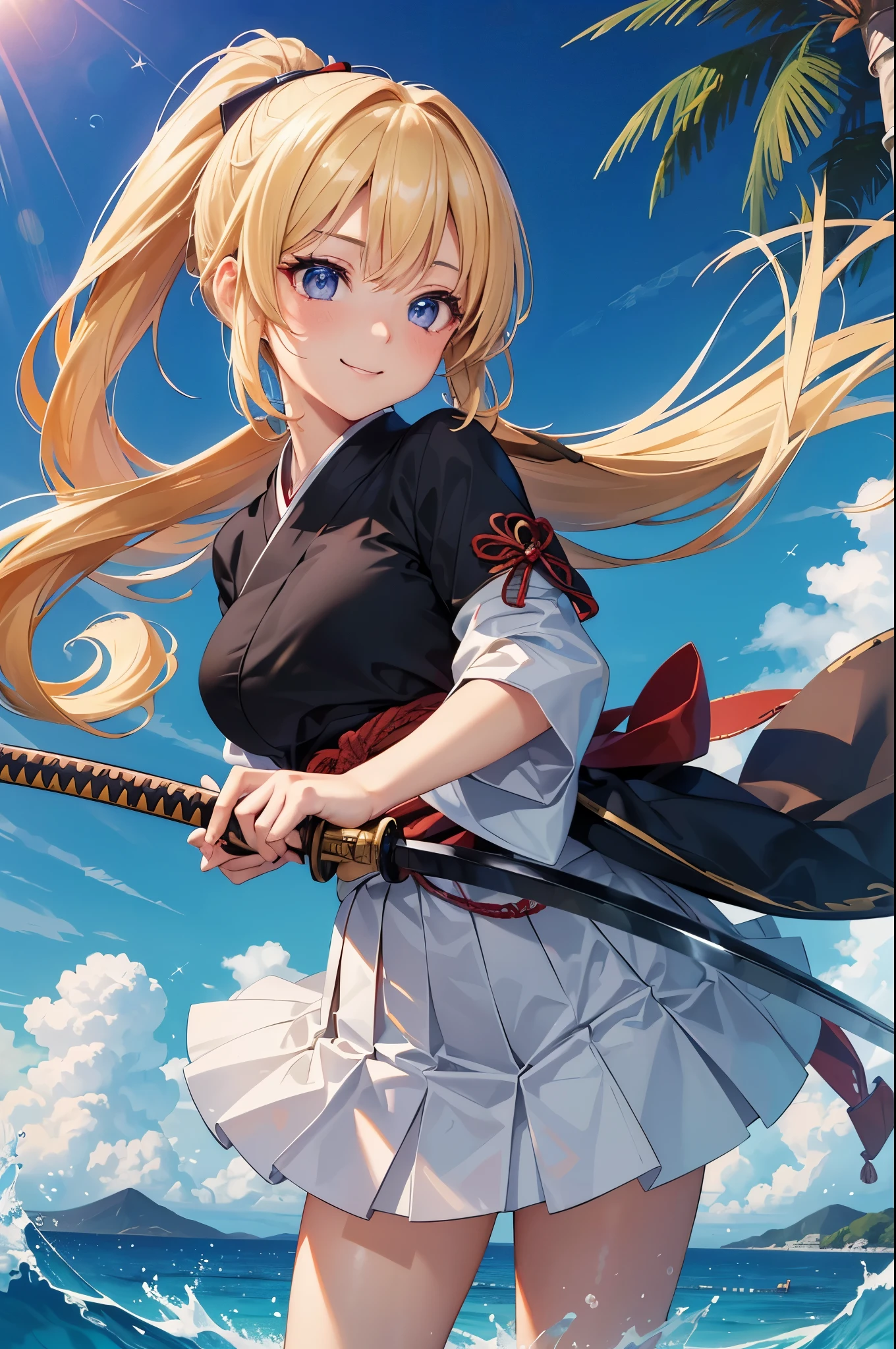 (16K,Ultra-high resolution,Highest quality,masterpiece,Super detailed,Attention to detail,Very vivid CG),Photographed from the front,((Dark-eyed quarter Japanese and quarter British:1.3)),((A blonde high school girl with a ponytail holding a Japanese sword)),Japanese style kendo uniform and skirt,Anatomically correct body:1.3,Highly detailed facial features, Beautiful and perfect face, Perfect Eyes:1.3,Best Anime,The best CG,Very beautiful island and sea,Sky reflected in the sea,Detailed background,Tree Eyes,Smiling at the audience,Bamboo grove,Correctly drawn fingertips