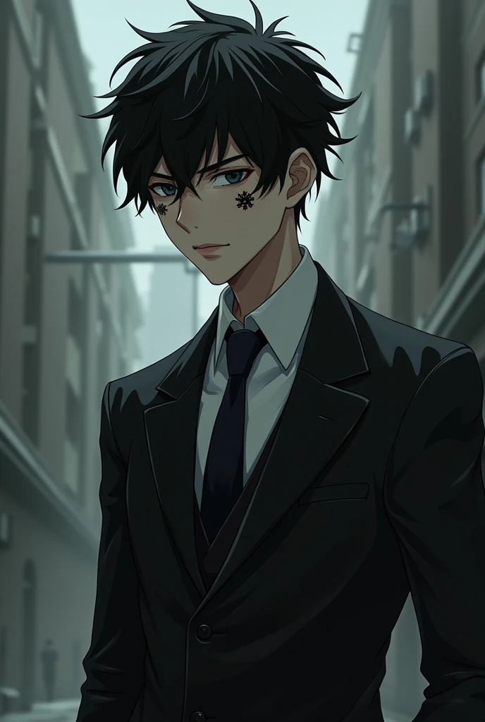 A skinny anime oc with black hair wearing a suit and with black spots on his face
