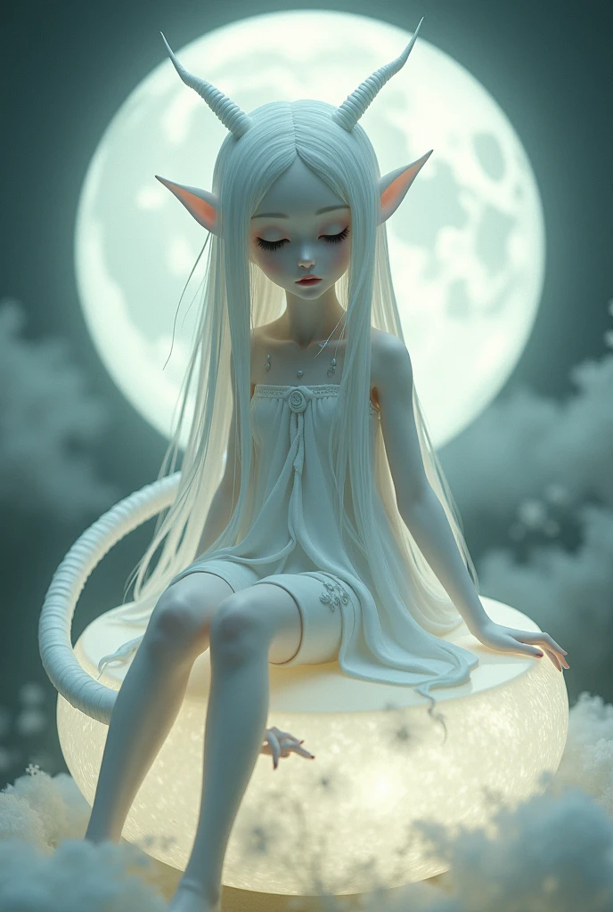 A girl with pale skin, long white hair, and discreet antennae. Bunny ears fallen back. Some faint symbols adorn his body in grayish tones. His eyes are closed, and his eyelashes are also white. She has a curled and furry tail, all white. Wearing a soft white dress, she is sitting on a full moon.