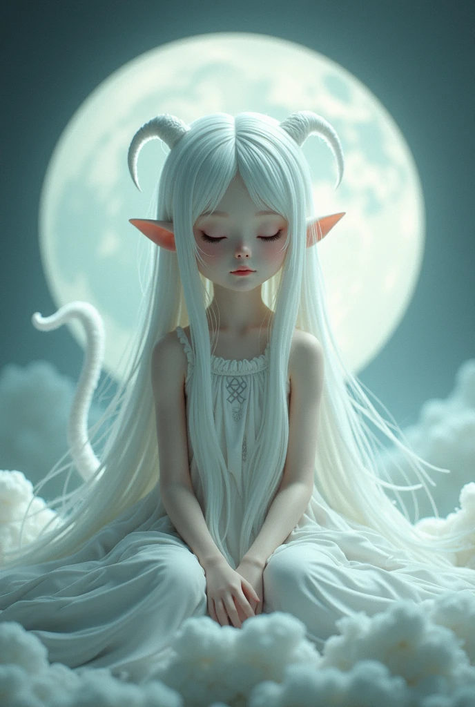 A girl with pale skin, long white hair, and discreet antennae. Bunny ears fallen back. Some faint symbols adorn his body in grayish tones. His eyes are closed, and his eyelashes are also white. She has a curled and furry tail, all white. Wearing a soft white dress, she is sitting on a full moon.