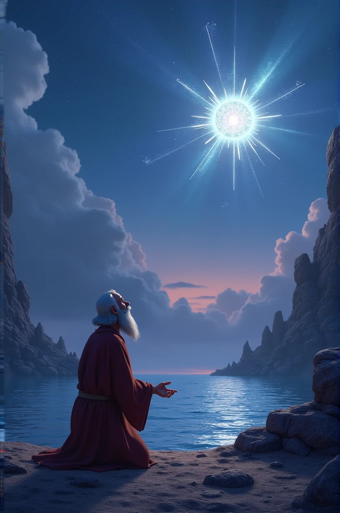 {
"size": "1024x1024",
"prompt": "A Disney-style 3D scene depicting John on the island of Patmos, receiving the vision of the Apocalypse. The setting is a rocky, desolate island surrounded by a calm sea under a twilight sky. John is portrayed as an older man with a beard, wearing simple robes. He is kneeling on the ground, looking upwards with an expression of awe and reverence. Above him, in the sky, glowing celestial figures and symbols begin to appear, representing the vision of the Apocalypse. The scene is dramatic and mystical, with soft lighting creating a divine and otherworldly atmosphere."
}