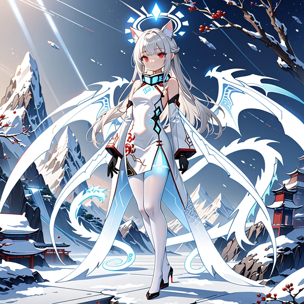 masterpiece, highest quality, highest resolution, clear_image, detailed details, white hair, long hair, 1 girl, cat ears, red eyes, futuristic halo, white sci-fi china dress, detached sleeves with black gloves,  white scarf (around the neck withn a light blue glow), 12 white futuristic dragon wings, white pantyhose, full body, no water marks, snowy mountain