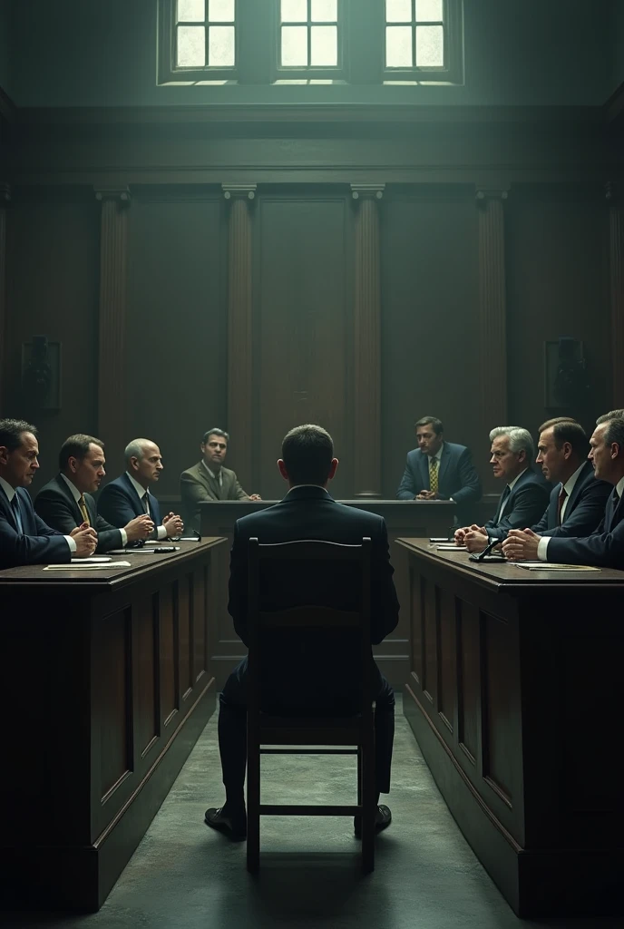 Create an image, with seven people in a jury court, where people have already sentenced the defendant, because they have already formed an opinion, because of the sensationalist media.