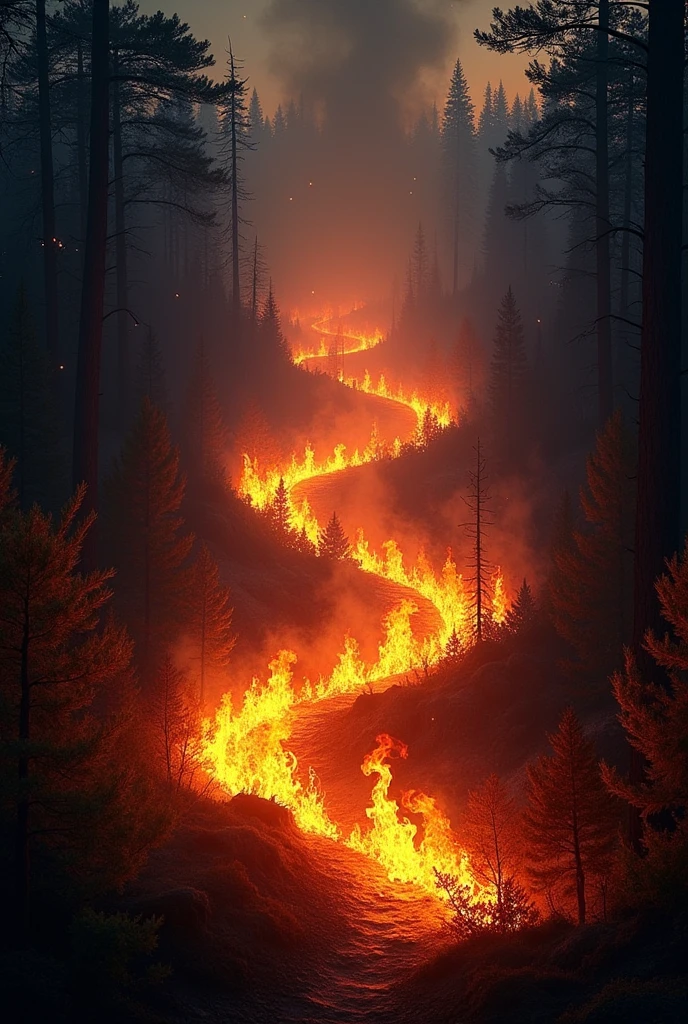 Forest on fire at night, that leaves a trail of fire