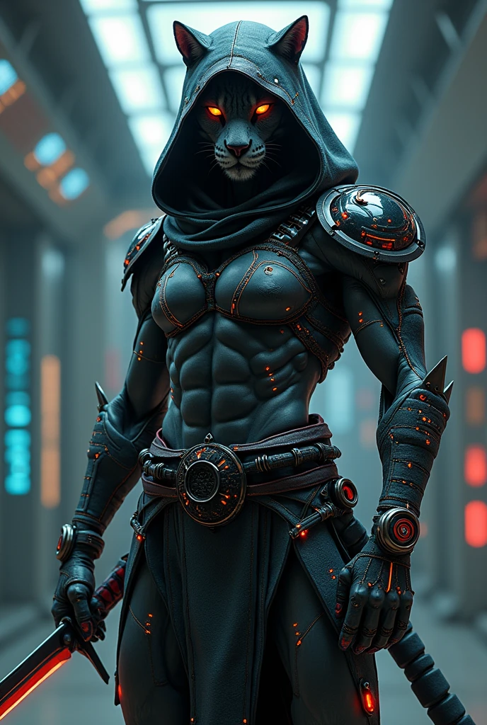 A warrior jaguar (naughty man)futuristic with katana and hood