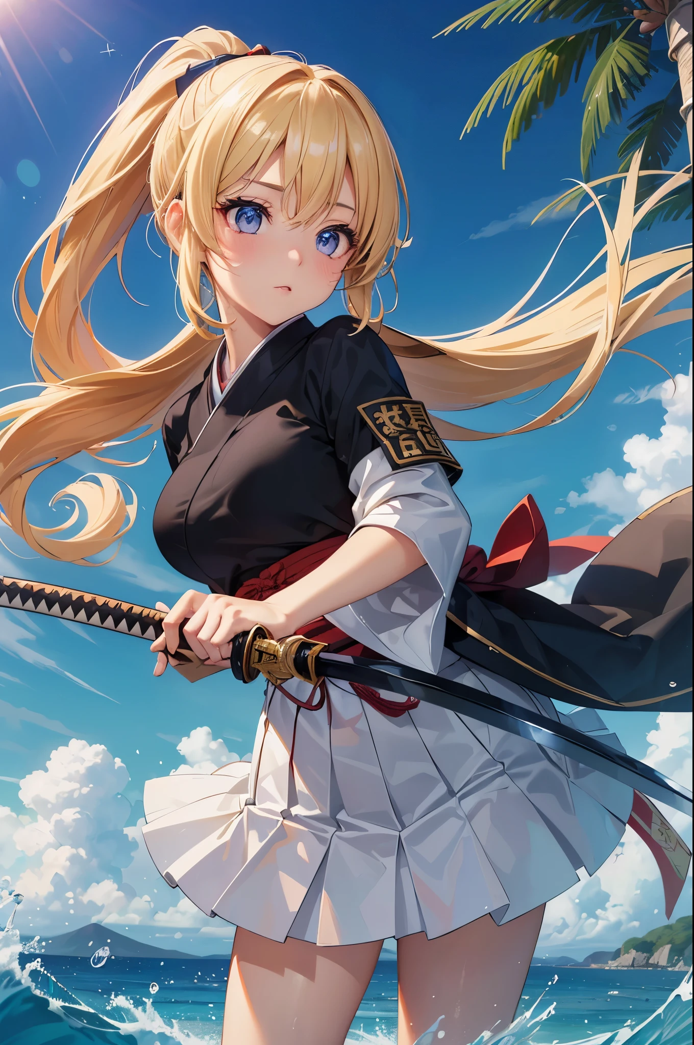 (16K,Ultra-high resolution,Highest quality,masterpiece,Super detailed,Attention to detail,Very vivid CG),Photographed from the front,((Dark-eyed quarter Japanese and quarter British:1.3)),((A blonde high school girl with a ponytail holding a Japanese sword)),Japanese style kendo uniform and skirt,Anatomically correct body:1.3,Highly detailed facial features, Beautiful and perfect face, Perfect Eyes:1.3,Best Anime,The best CG,Very beautiful island and sea,Sky reflected in the sea,Detailed background,Tree Eyes,Cool expression,Bamboo grove