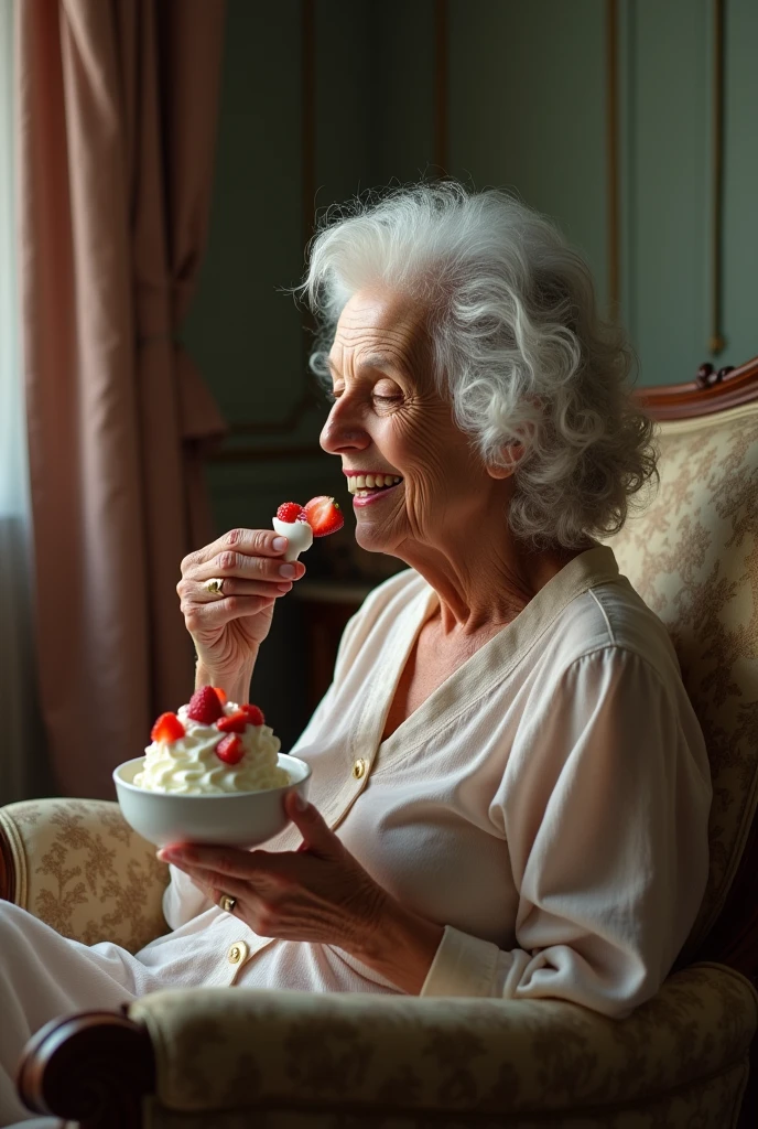 a woman with white hair sitting comfortably on a sofa, eating a bowl of yogurt with strawberry chunks and whipped cream, smiling, side view, retro, vintage style