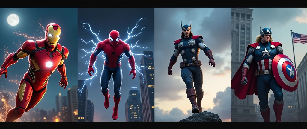 # **1. For Iron Man**
- **lasts**: red and gold, with a glowing arc reactor on his chest. Its oval body is fitted with a metal frame with defined segments..
- **Posture**: Floating in the air with hands (or its sides) extended downwards, as if taking off or preparing to fly.
- **Details**: Add energy flashes around the reactor and hands.
### **2. For Spider-Man**
- **lasts**: Red and blue, with a black spider web pattern on the red part of the body. The large white eyes on the head.
- **Posture**: Swinging on a spider web, with one leg bent and the other extended, as if it were moving.
- **Details**: Draw spider webs coming out of the sides of his body and a background with city buildings.
### **3. For Thor**
- **lasts**: Silver and black with a red cape. A helmet with small wings on the head.
- **hammer**: Holding the Mjolnir (the hammer) that emits rays of light.
- **Posture**: standing, con the hammer levantado hacia el cielo, as if he were summoning lightning.
- **Details**: Add lightning effects and dark clouds to the background.
### **4. Pou Captain America**
- **lasts**: blue, Red and white, with a white star on the chest and red and white stripes on the abdomen.
- **shield**: Holding a round shield with the star and colors of Captain America.
- **Posture**: In defense position, with the shield in front, as if he were protecting himself.
- **Details**: Draw a background with an American flag waving in the distance.
### **Common Scenography**
- **bottom**: You can use an urban setting, with skyscrapers and a night illuminated by the light of the moon and some stars. Different Pou can be in different positions of the fund, some in the air (como For Iron Man y For Spider-Man) and others on the ground (como For Thor y Pou Captain America).
- **Light effects**: Play with light and shadow so that each Pou has its own glow.