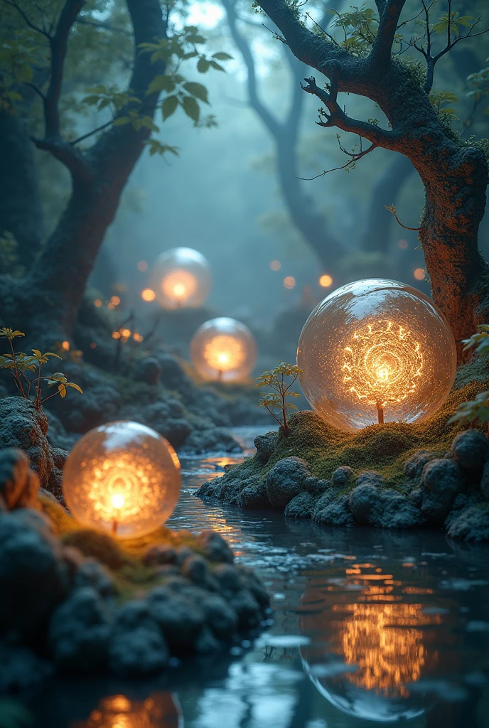 Fractal Exotic elegance, luminous smoked glass orbs float mesmerizing, fractal forest with glowing leaves, surreal depth and detail, hyperrealistic, hyperdetailed."