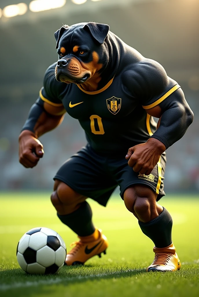 A muscular Rottweiler with soccer cleats as a mascot for a soccer team in a black and gold uniform with a ball at its feet 
