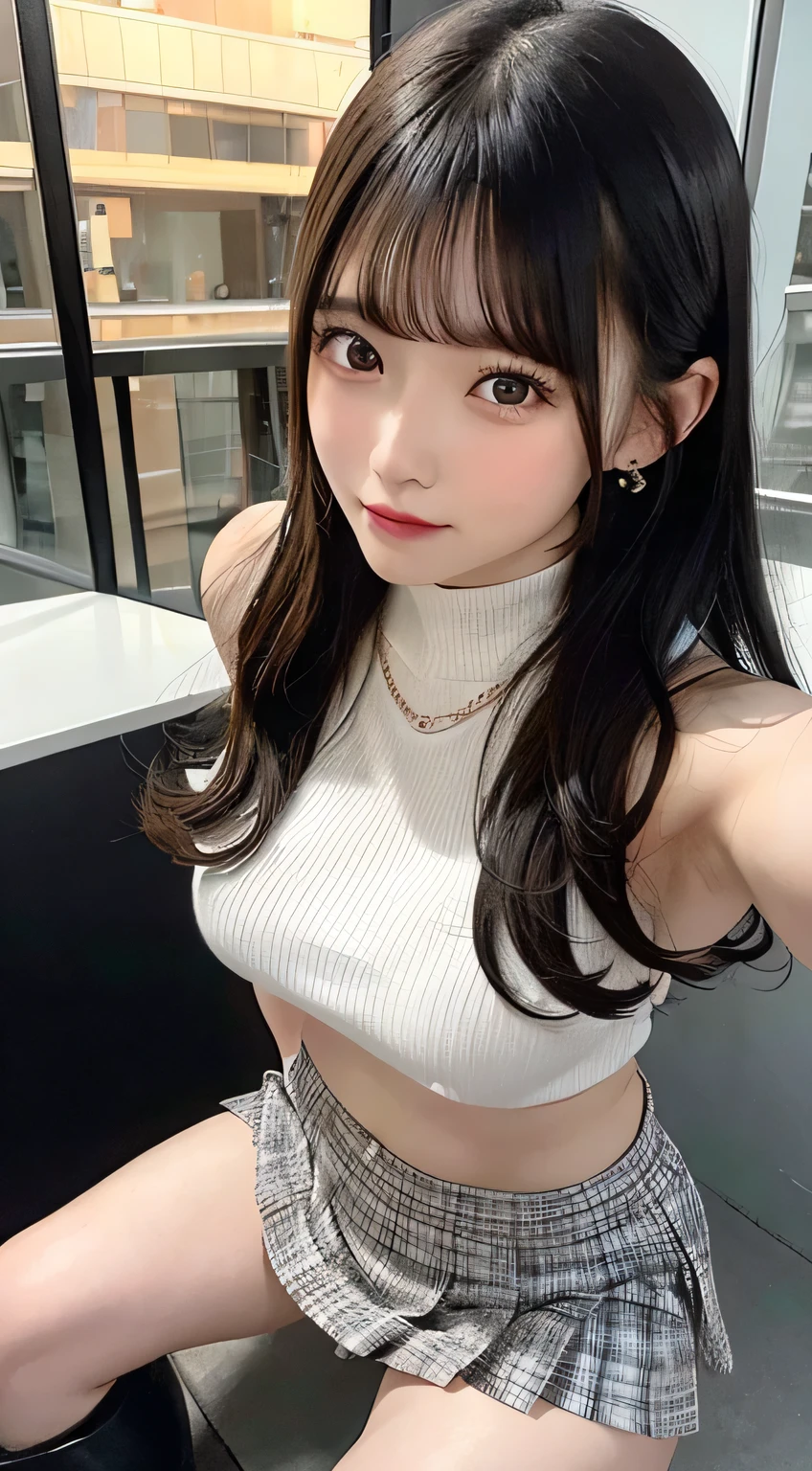 (8k、RAW Photos：1.2)Detailed face and eyes、Highest quality、Ultra-high resolution、Very detailed、Intricate details、A cute girl around 20 years old、Hyper Detail、Clear focus on the chest、（Beautiful black hair）、（Long Hair）、｟White knitted clothes｠、｟Black pleated skirt｠、｟High waist mini skirt｠、（boots）、（I can see her cleavage）（The whole body is shown）｟sexy bare legs｠（Random pose）（Random facial expressions）｟Beautiful legs｠｟The background is a night city｠｟Clothes stretched by boobs｠