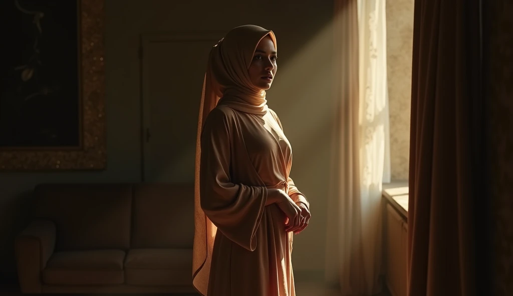 javanese, (((hijabi))), cleavage, reflection light, chiaroscuro, depth of field, cinematic lighting, wearing long light dress