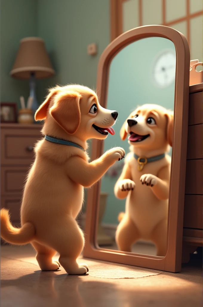 Dog taking selfie in mirror