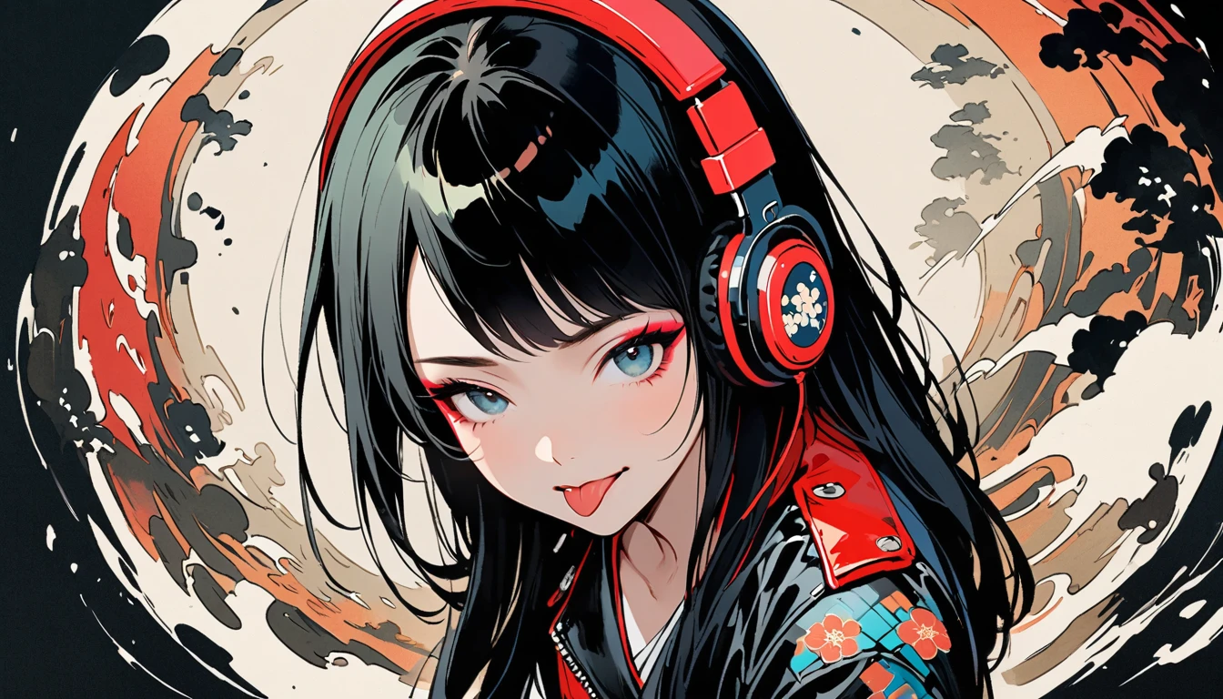 (((Ink Painting))), (((from above))), (((1 female))), (((Leather jacket with Japanese patterns))), (((Wink, Sticking out tongue))), (((Very flashy makeup))), Japanese style headphones, face close-up, front view, Japan人の美少女, Black Hair, Delicate and precise, Modern ukiyo-e style,Japan, Droopy eyes, round face, Glare, Fuller lips, vivid color