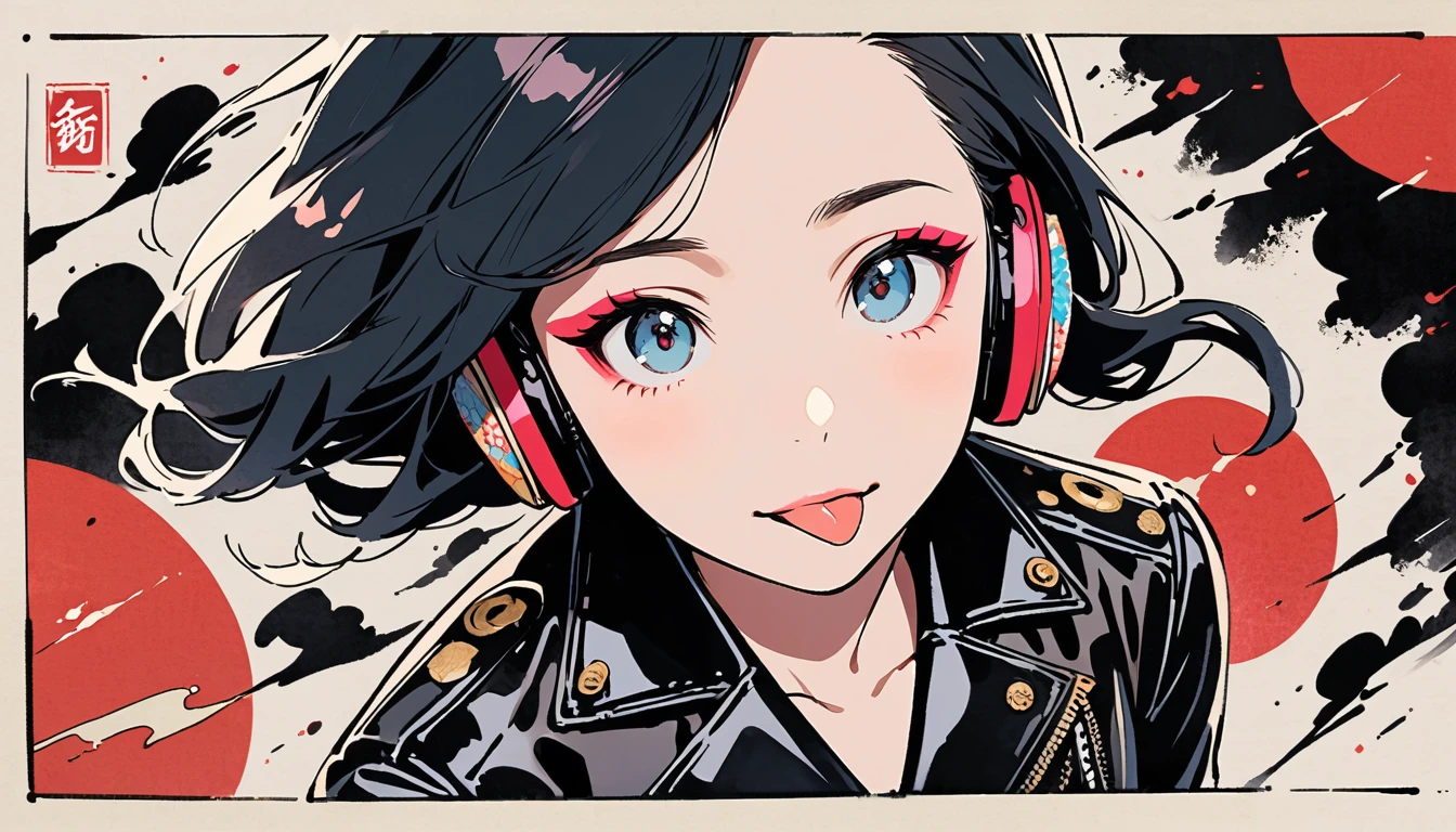 (((Ink Painting))), (((from above))), (((1 female))), (((Leather jacket with Japanese patterns))), (((Wink, Sticking out tongue))), (((Very flashy makeup))), Japanese style headphones, face close-up, front view, Japan人の美少女, Black Hair, Delicate and precise, Modern ukiyo-e style,Japan, Droopy eyes, round face, Glare, Fuller lips, vivid color