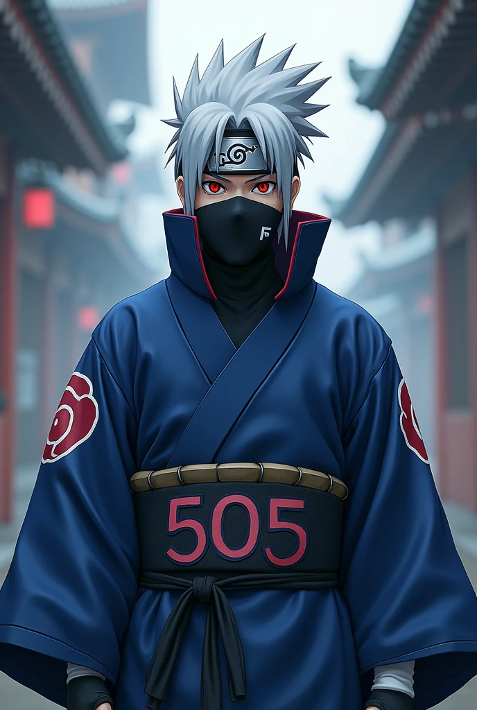 Kakashi with the Sharingan ,Blue and white samurai kimono with the numbers 505 and white hair