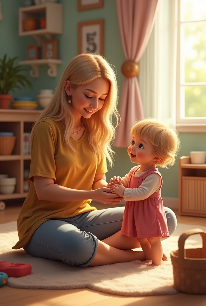 An adult woman aged 28 and over, with straight blond hair, well dressed, with a slight smile and clear eyes, onde ela esteja brincando no chão com uma criança well dressed com sorriso no rostona faixa etária dos 3 anos, where they are in a room with several toys around and this room has a playroom style