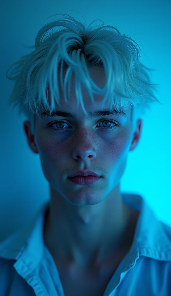 1 boy, 19yearsold, appealing, clear pupils, White hair, skin fair, unsmooth skin, simple background, portraite, blue light, masculine.