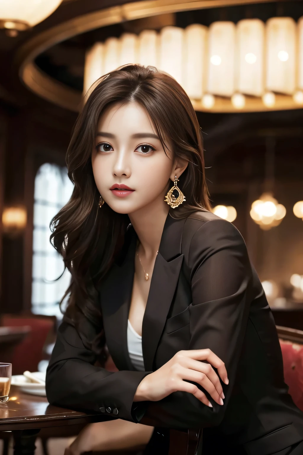 masterpiece, Highest quality, Realistic, Very detailed, Finer details, High resolution, 8k wallpaper, One beautiful woman, Wear a nice suit, In a great restaurant, At night, Light brown messy hair, Perfect dynamic composition, Beautiful and beautiful eyes、Big earrings、Sit on a chair、