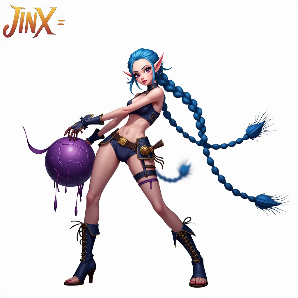 A (((full-body))), ((ultra-detailed)), ((masterpiece)) fantasy art ((illustration)) of (((Jinx))), a ((League of Legends)) character, in the style of the video game. She is a beautiful, young, female (((human))) with long, braided blue hair and violet eyes. She has exquisite caucasian features and ((very pale)) ((milky-white skin)). She has a ((very slim body)), with a tiny waist and ((skinny limbs)), but her ((breasts are enormous and round)), and they look far too big for her slender little body. She is wearing a very skimpy outfit, revealing ((massive cleavage)), exposing her midriff, and leaving her ((very thin thighs)) completely bare. Her porcelain skin is shiny with a ((sheen of sweat)). She is on standing in a provocative pose that shows off her ((skinny thighs)) and ((huge breasts)) as well as her bare feet. Her (((whole body from head to toe))) is shown.